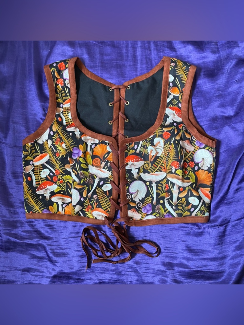 Size XL Mushroom Print Corset Style Bodice Top Front and Back Lacing